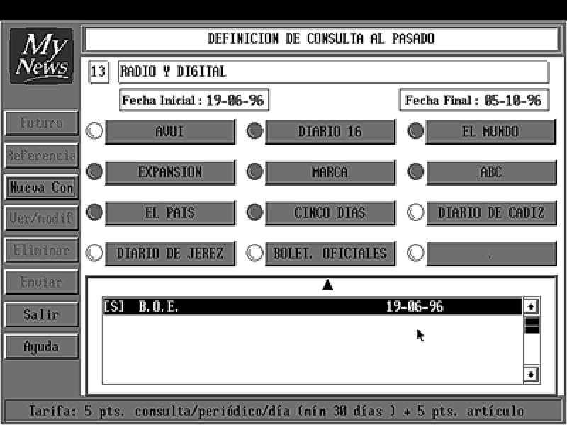 Planteamiento de una búsqueda retrospectiva sobre "radio digital" en los periódicos indicados.